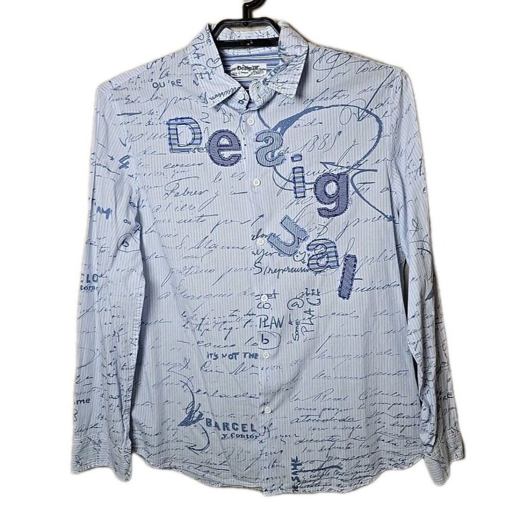 Desigual Blue Striped Men's Patched Logo Button Down Shirt Size Large Spellout